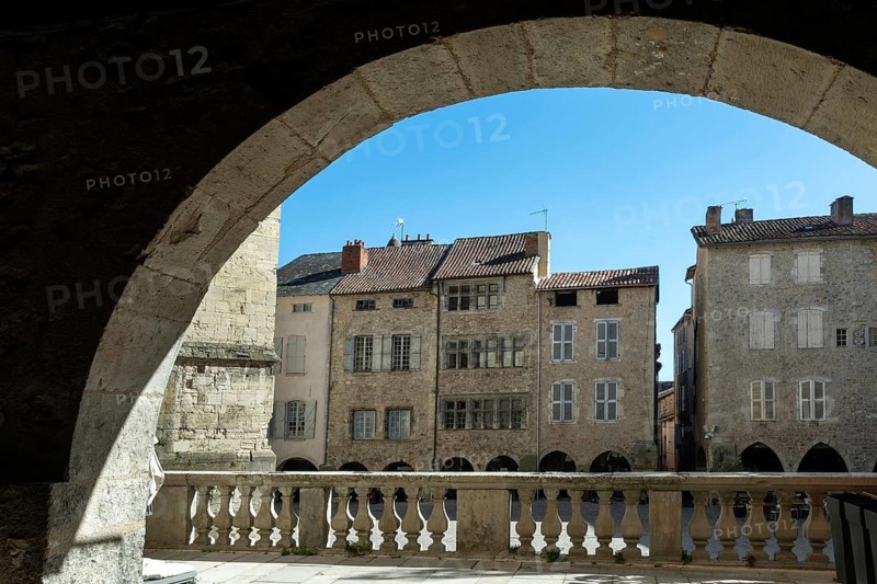 Villefranche de Rouergue. City of Art and History. Arcades on Notre Dame square. Aveyron. Occitanie. France
