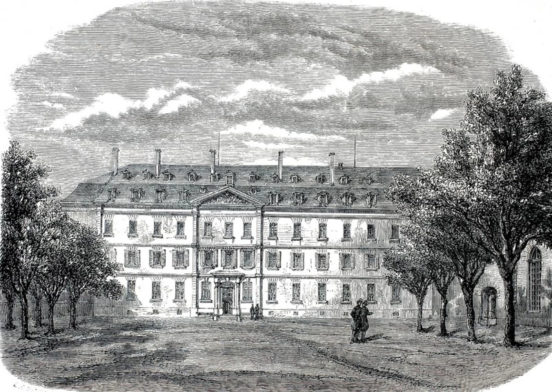 The pavilion and the students' courtyard (Cour des élèves) of the renowned École polytechnique in Paris, 1860. Historic building complex of the former university in the Latin Quarter in Paris, façade of the old Collège de Navarre, authentic, high-resolution reproduction of a 19th-century original, exact date of the depiction unknown, historical