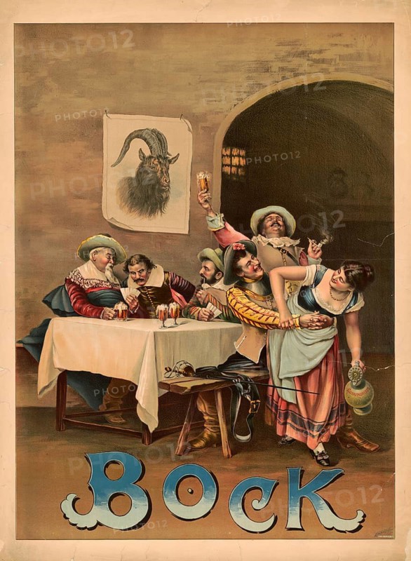 Advertising poster, beverage advertisement, advertising poster for bock beer, designed around 1890 by Henry Jerome Schile. The poster shows a cheerful scene in a tavern, often in connection with Auerbach's cellar in Leipzig. Motif, people in traditional clothing drinking and partying with a goat's head in the background as a symbol of bock beer, authentic reproduction of a historical advertising poster, advertising sign, in high resolution