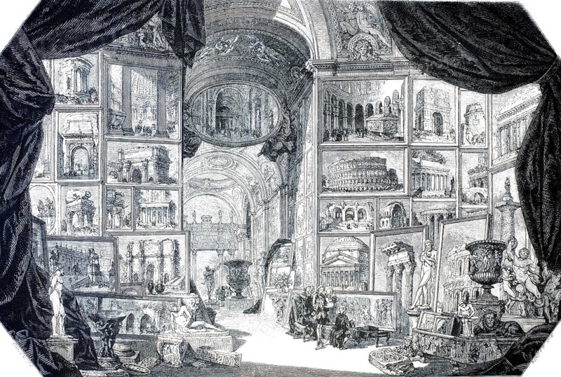 Gallery with views of ancient Rome, Roma Antica, the Italian painter and architect Giovanni Paolo Pannini. It is a so-called capriccio or an ideal collection of veduta. The picture shows a fictional, magnificent palace hall whose walls are completely decorated with paintings of real Roman monuments, authentic, high-resolution reproduction of a model from the 19th century, exact date of depiction unknown, historical