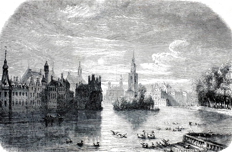 Hofvijver in The Hague, Netherlands, c. 1860. On the left bank lies the Binnenhof complex, which has been the political centre of the Netherlands for centuries and is now the seat of the Dutch Parliament. In the centre of the lake lies the small, distinctive castle island. Behind it rises the striking spire of the Grote Kerk (St Jacob's Church), an authentic, high-resolution reproduction of a 19th-century original, the exact date of the depiction is unknown. Historical