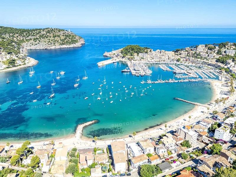 Port de Soller in Majorca Aerial view from above Seaside Beach Marina with boats Trip in Spain