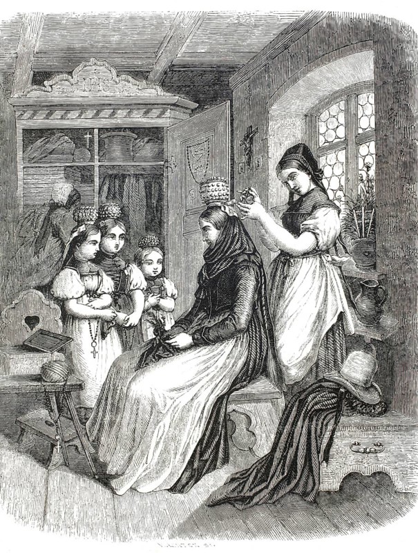 Bridal preparation in the Black Forest around 1859, putting on a traditional holiday traditional costume for a bride. A young woman sits on a wooden bench and receives from another woman the traditional, elaborate headdress ensemble, the so-called Schappel, a beaded and mirrored bridal crown, put on, Germany, authentic, high-resolution reproduction from a 19th century model, exact date of presentation unknown, historical