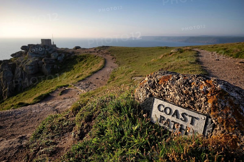 Signpost, sign on stone, cliffs with lichens, coastal footpath, coast path, public footpath, behind former outpost, coast guard viewpoint, land's end headland, Penzance, Penwith peninsula, Cornwall, England, Great Britain, Great Britain