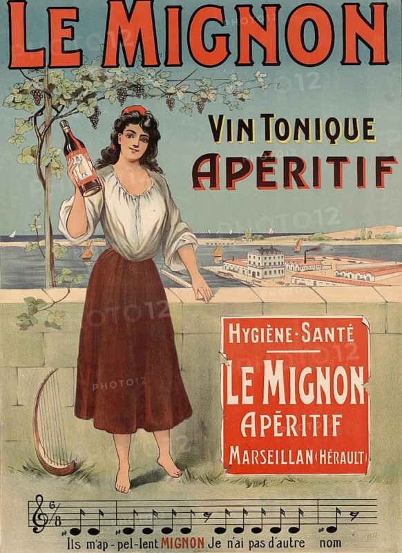 Advertising poster, beverage advertisement, advertisement for Le Mignon, an aperitif wine. The scene shows a woman in historic style holding a bottle of drink in front of a coastal landscape depicting Marseillan in the Hérault, authentic reproduction of a historic advertising poster, advertising sign, in high resolution