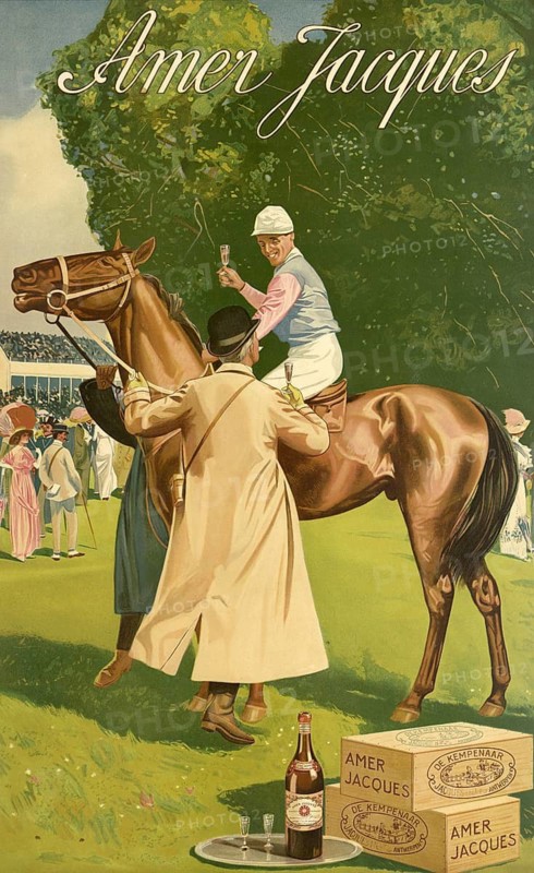 Advertising poster, beverage advertisement, poster from 1920 promotes the Belgian aperitif Amer Jacques. The artwork by J.L. Goffart depicts a scene on a racecourse with a jockey and a gentleman in a light coat, authentic reproduction of a historical advertising poster, advertising sign, in high resolution