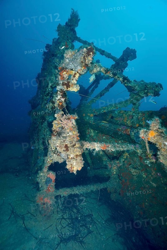 Underwater view of a dilapidated paddle wheel of a shipwreck, Ville de Grasse dive site, Hyères, Giens Peninsula, Mediterranean Sea, Porquerolles, Provence, Côte d'Azur, France
