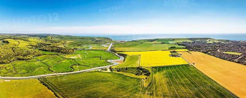 Cuckmere Valley from a drone, Hindover Hill, South Downs, East Sussex, England, United Kingdom