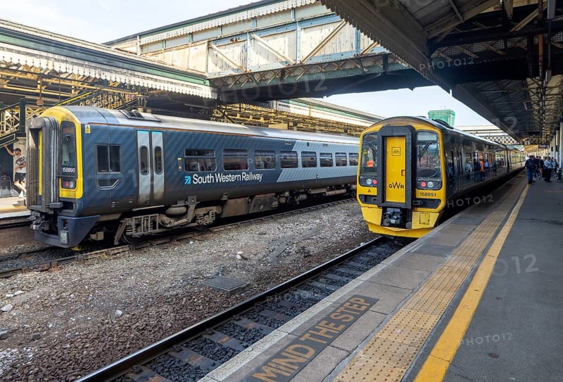GWR and South Western Railway trains at Exeter St David's railway station, Devon, England, UK