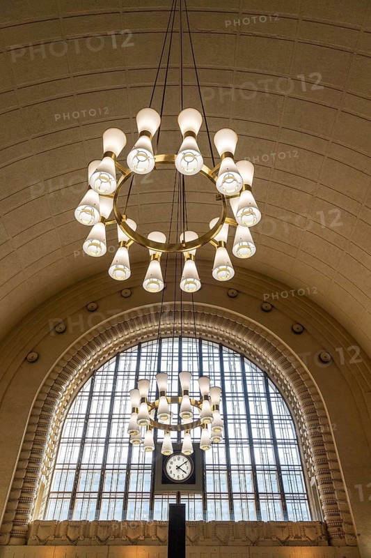 Hall with chandeliers, Helsinki Central Station or Helsingin päärautatieasema, Finland
