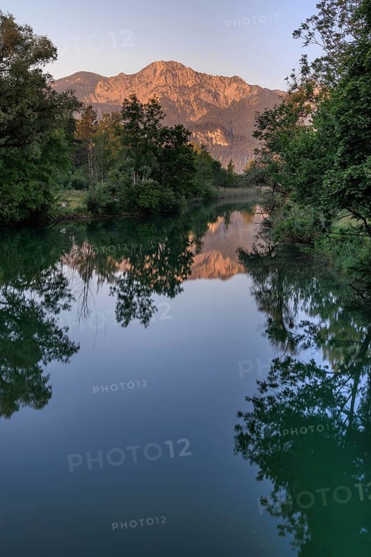 River, water, trees, sun, reflection, morning light, mountains, summer, Loisach, Kochel, Herzogstand behind, Bavarian Alps, Alpine foothills, Bavaria, Germany