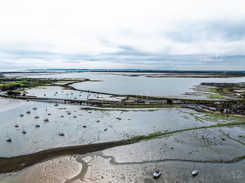 Bridge and Quay on Hayling Island from a dron, Havant, Hampshire, England, United Kingdom