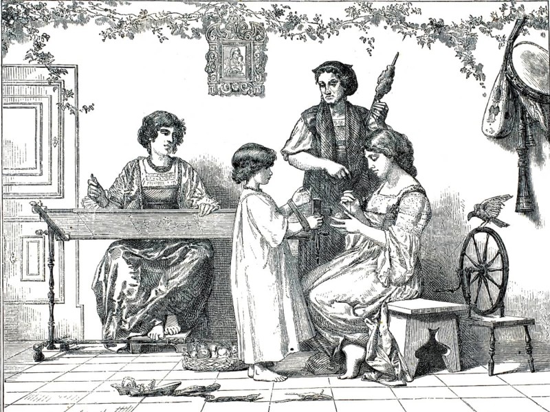 Scene of domestic textile work, in which woman and a child are depicted in various steps of yarn and fabric production. Spinning with a hand spindle, working on a loom, wrapping and processing yarn, spinning wheel. 1860, France, authentic, high-resolution reproduction from a 19th century model, exact date of presentation unknown, historical