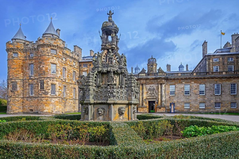 Courtyard fountain at Palace of Holyroodhouse, Holyrood Palace, official residence of the monarch of the United Kingdom in Scotland at Edinburgh, UK