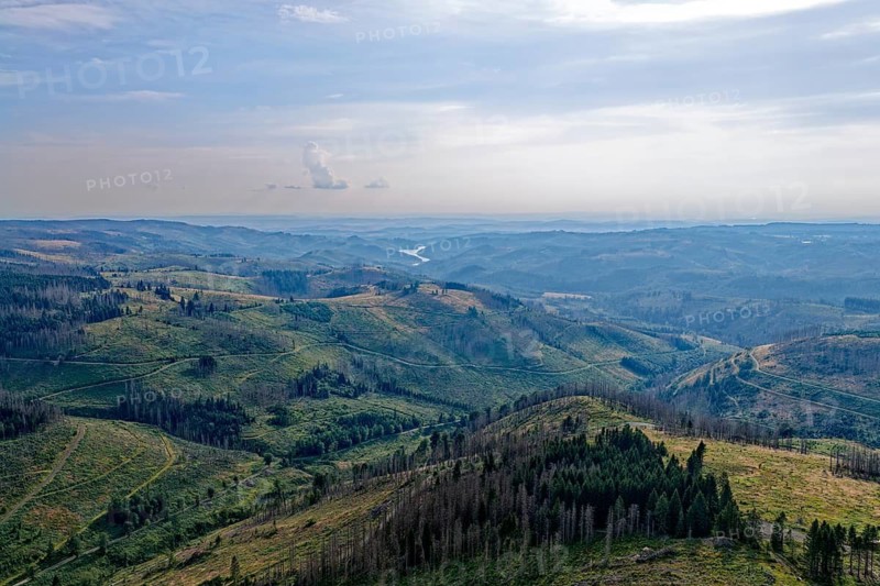 Mountain landscape in the Harz nature park Park, and in the distance the Sösestausee. aerial view. Harz, Landkreis Goslar, Lower Saxony, Germany