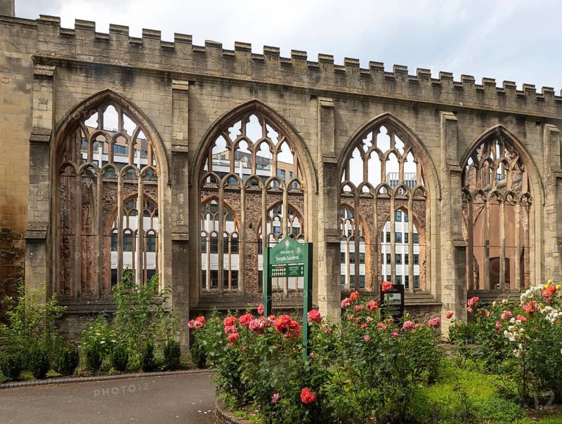 Ruins of Temple Church, Church of the Holy Cross, bombed in 1940, Redcliffe, Bristol, England, UK