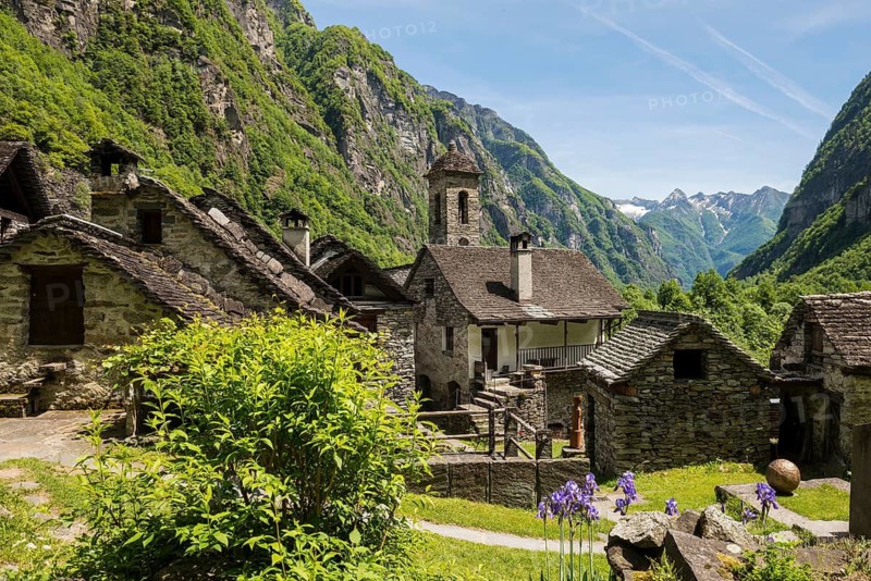 Picturesque mountain village with traditional old stone houses, Foroglio, Bavona Valley, Valle Bavona, Maggia Valley, Valle Maggia, Canton of Tessin, Switzerland