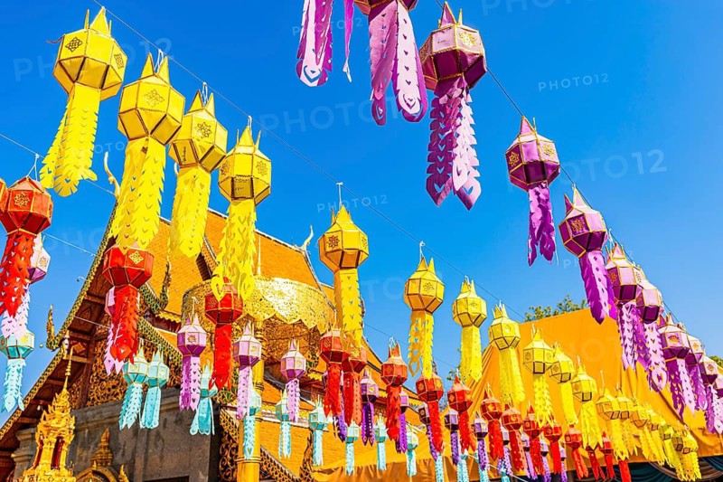 Colourful lanterns lined up in the Wat Phra That Doi Suthep temple complex, Chiang Mai, Thailand