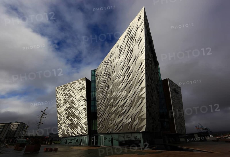 Severe weather at the Titanic Museum in Belfast, Northern Ireland, The Titanic Belfast is a visitor attraction that opened in 2012 and represents a monument to Belfast's maritime heritage on the site of the former Harland & Wolff shipyard in the Titanic district of the city where the RMS Titanic was built