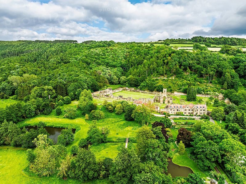Mount Grace Priory, House and Gardens from a drone, East Harlsey, North Yorkshire, England, United Kingdom