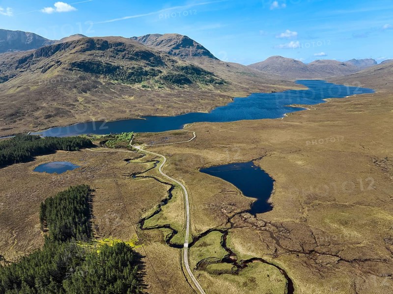 Panoramic aerial photo of the Highland landscape at Loch a Bhraion, Fainmore, Scotland, UK