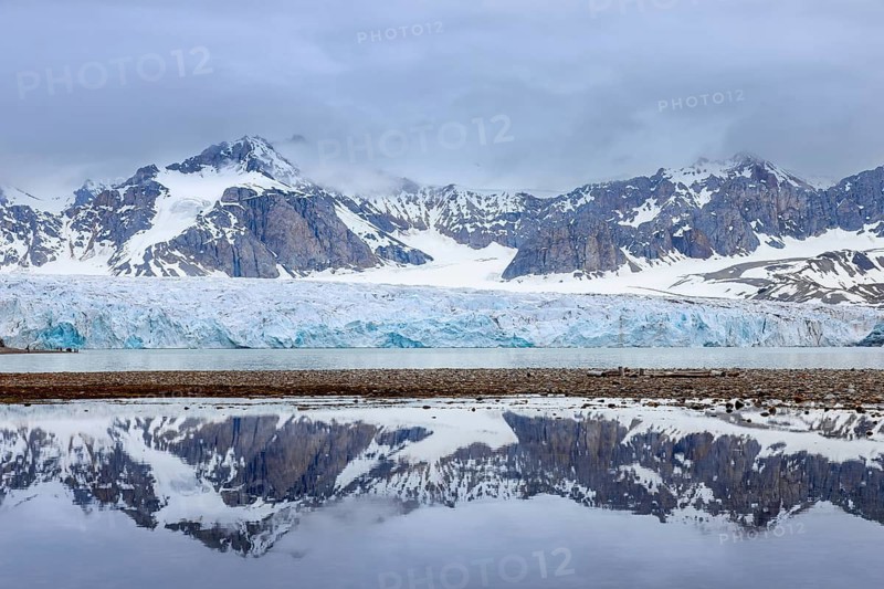 Fjortende Julibreen, 14th of July Glacier calving into Krossfjorden in spring, Haakon VII Land, Spitsbergen, Svalbard, Norway