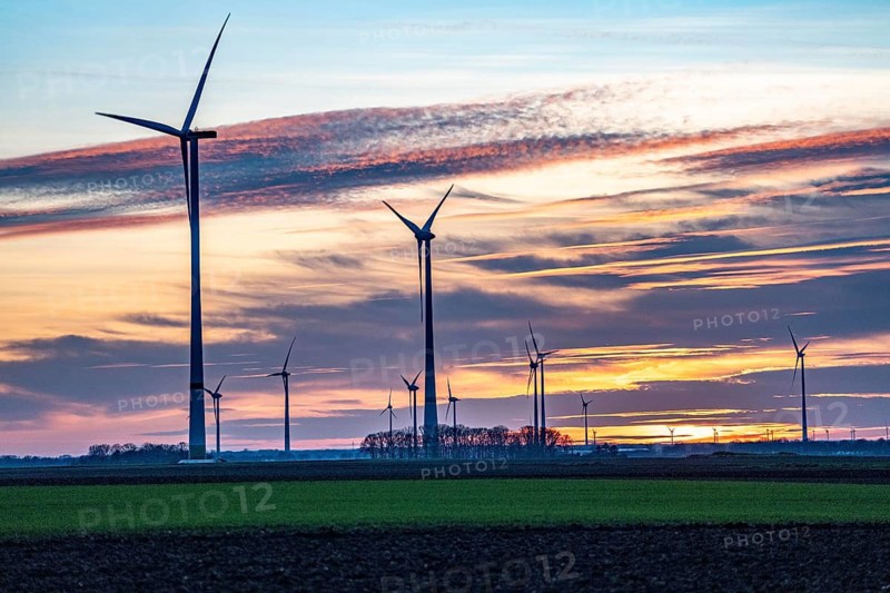 Sunset at Issum wind farm, Lower Rhine, North Rhine-Westphalia, Germany