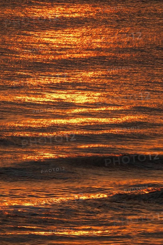 Setting sun colors the sea and small waves golden, Houvig Beach, North Sea, Denmark