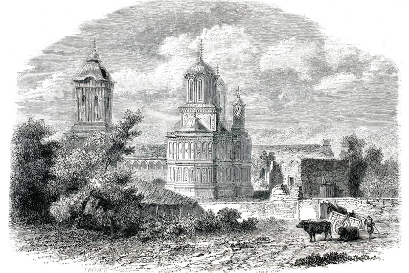 Curtea de Arges monastery, Manastirea Curtea de Arge?, in the Wallachia region of Romania around 1860. 19th century engraving showing the famous Romanian Orthodox building in front of its extensive restoration, authentic, high-resolution reproduction from a 19th century model, exact date of depiction unknown, historical