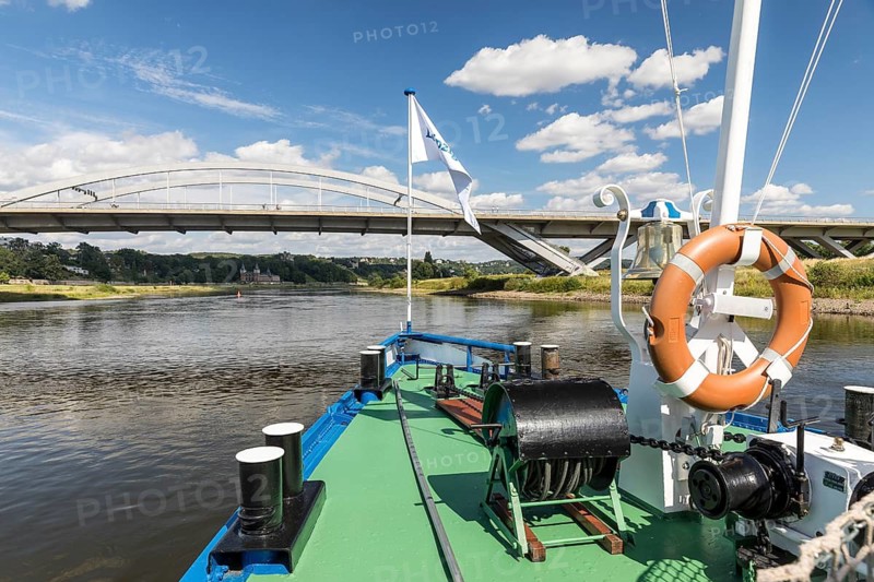 On the Elbe in Dresden, here at the Waldschlößchenbrücke, Dresden, Saxony, Germany, with the historic paddle steamer LEIPZIG