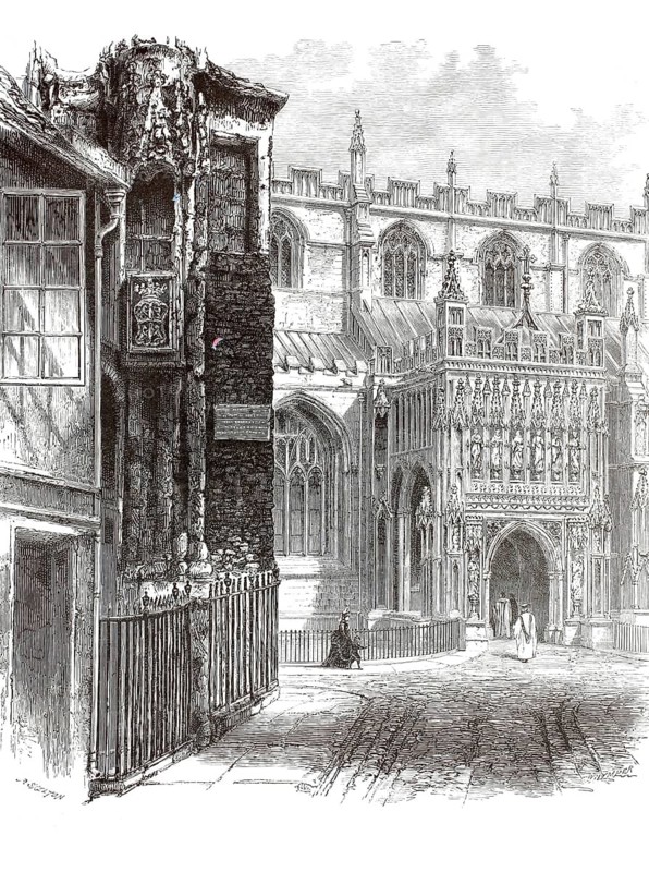 South portal of Gloucester Cathedral, Cathedral Church of St Peter and the Holy and Indivisible Trinity, one of the most important church buildings in England, illustration, reproduction from a 19th century model. Authentic, file restored for optimal use, exact date of submission unknown, historical