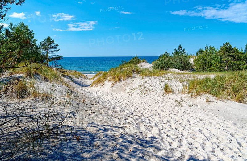 Beach access through the hiking dune in the Slowinski National Park, Slowinski Park Narodowy, UNESCO biosphere reserve, in Hinterpommern on the Baltic Sea coast. Rowy, Pomerania, Poland