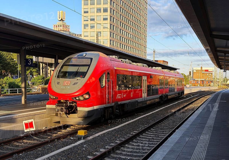 Small DB local train with Dortumder U and Harenberg City-Center at the main train station, Dortmund, Ruhr area, North Rhine-Westphalia, Germany