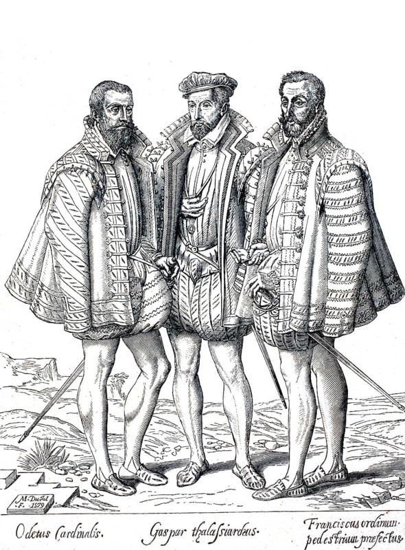 An etching by M. Duval from 1579 depicts the three Coligny brothers: Odet (left), Gaspard II (centre) and François (right), The three men are depicted in 16th-century French traditional costume, with Gaspard II shown as Admiral of France and leader of the Huguenots, an authentic, high-resolution reproduction of a 19th-century original, exact date of the depiction unknown, historical
