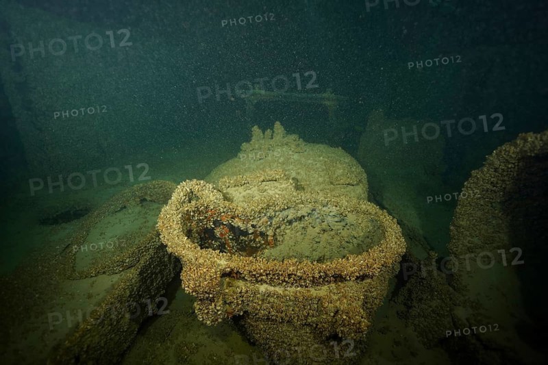 Wreck sections overgrown with quagga zebra mussels (Dreissena rostriformis bugensis), an invasive species, lie on the sandy bed of Lake Constance, dive site: the Jura wreck, Lake Constance, Bottighofen, Switzerland, Münsterlingen, Germany