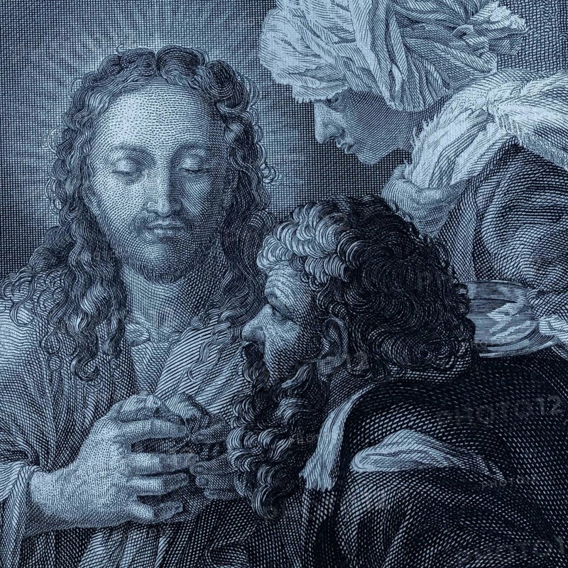 Detail from the painting Christ in Emaus by Bartolomeo Schidone, religious painting, sacred art, Baroque, Italian painting, Jesus Christ, Emmaus, disciples, meal, bread breaking, resurrection, Easter, New Testament, Gospel of Luke, biblical scene, Christian iconography, faith, revelation, redemption, light and shadow, chiaroscuro, figure composition, oil painting, art history, 17th century century, masterpiece, spiritual depiction, three people, historical illustration 1854
