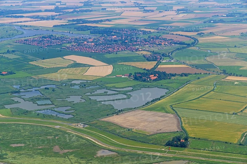 Aerial view, Greetsiel and Pilsum lighthouse, East Frisia, Lower Saxony, Germany