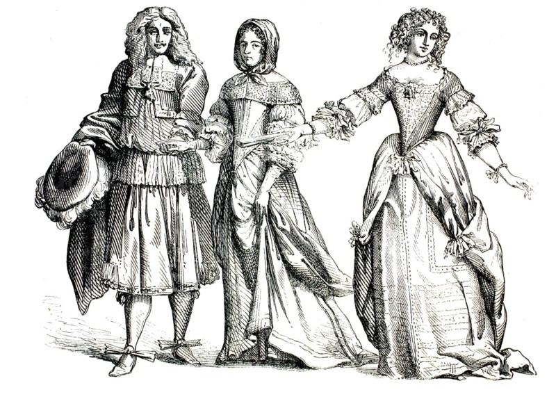 Illustration shows a group of three people in French courtly fashion from the time of Louis XIV around 1664. The fashion of this era is characterized by opulent fabrics, ruffles and specific cuts. The costumes shown correspond to the baroque court fashion of the nobility. The illustration shows typical elements such as allong wigs for men and rich decorations on women's dresses, authentic, high-resolution reproduction from a 19th century model, exact date of depiction unknown, historical