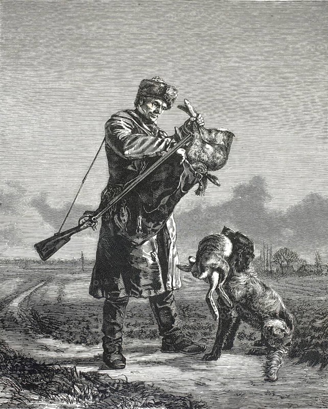 Scene shows a hunter in winter clothes who has shouldered his shotgun and opens a hunting bag. Sitting in front of him is his hunting dog, who has just shut up a killed hare and dutifully hands him over to his master, authentic, high-resolution reproduction from a 19th century model, exact date of depiction unknown, historical