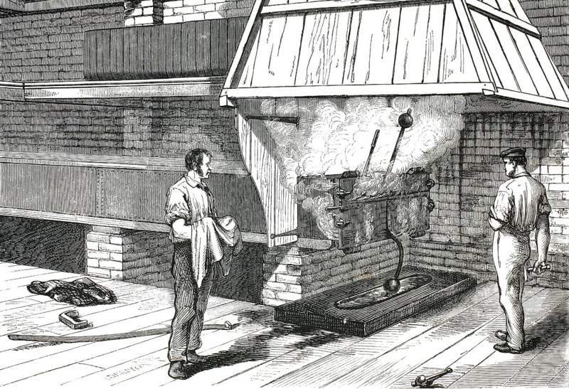 Steam boiler to saturate wood in a historic sawmill from the 19th century. Saturation with hot water vapor made the wood flexible and then pressed or bent into the desired shape, 1860, authentic, high-resolution reproduction from a 19th century original, exact date of presentation unknown, historical