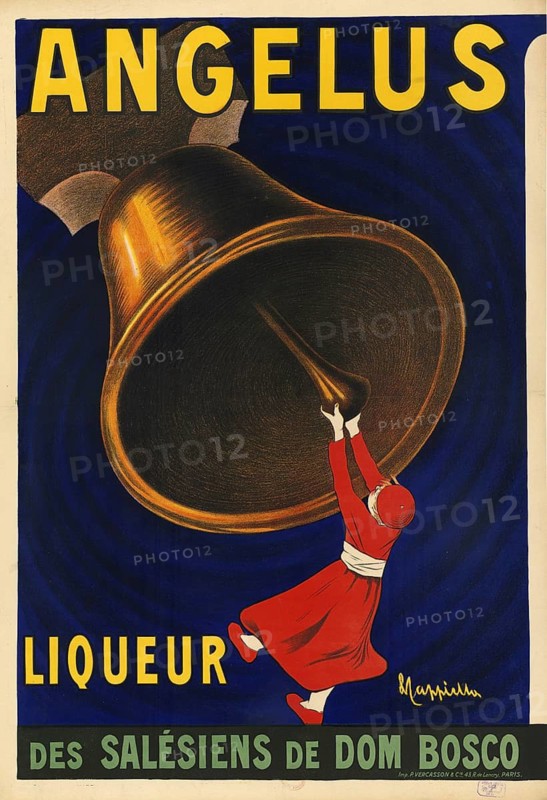 Advertising poster, beverage advertisement, poster by Leonetto Cappiello from 1907 promotes Angelus Liqueur, a liqueur from the Salesians of Don Bosco. The graphic shows a figure in a flowing red dress energetically pulling the clapper of a gigantic golden bell, authentic reproduction of a historical advertising poster, advertising sign, in high resolution