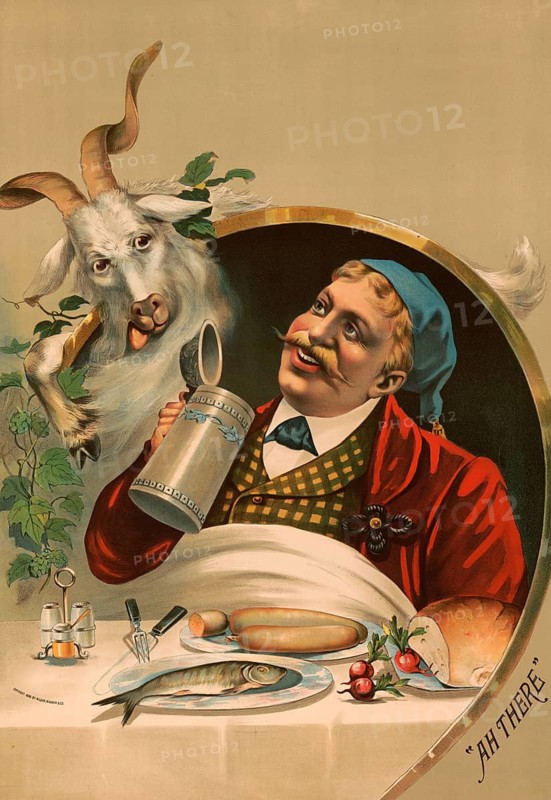 Advertising poster, beverage advertisement, advertising poster from around 1900, was used as decoration for breweries. The picture shows a cheerful man with a beer mug toasting with a bock beer buck. The scene illustrates a typical German bock beer motif with festive food such as sausages and fish, authentic reproduction of a historical advertising poster, advertising sign, in high resolution