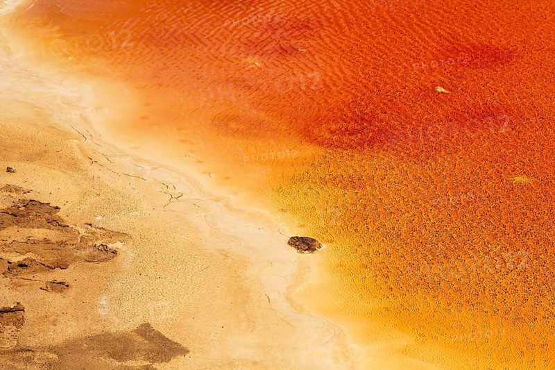 Mazarron mines, former mining, colorful water surface, oxidation of minerals, red waste water, orange puddle, surreal, Mazarrón, Murcia, Spain