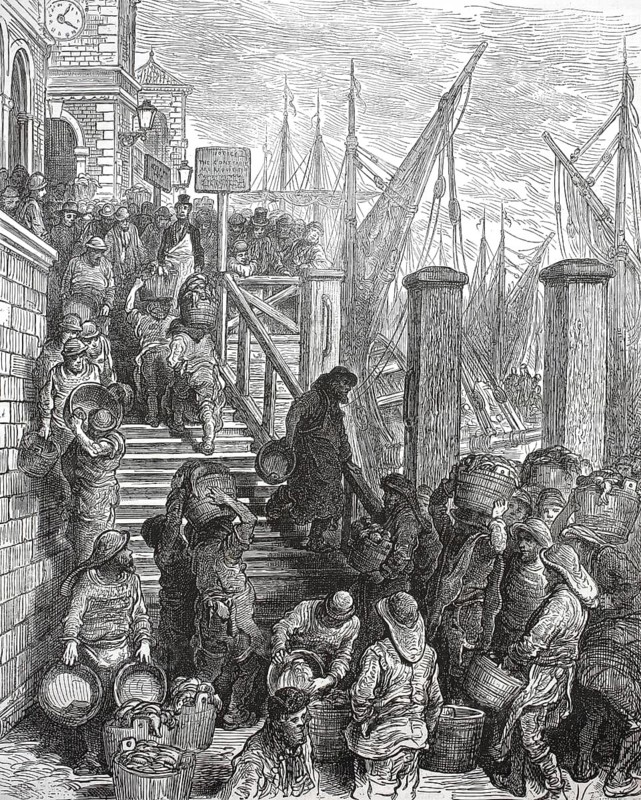 Billingsgate fish market in London. Workers and traders, porters and costermongers, unload freshly arrived fish from the boats at dawn and carry the heavy wicker baskets on their heads up the stairs to the market building, illustration, reproduction from a 19th-century model. Authentic, file restored for optimal use, exact date of submission unknown, historical
