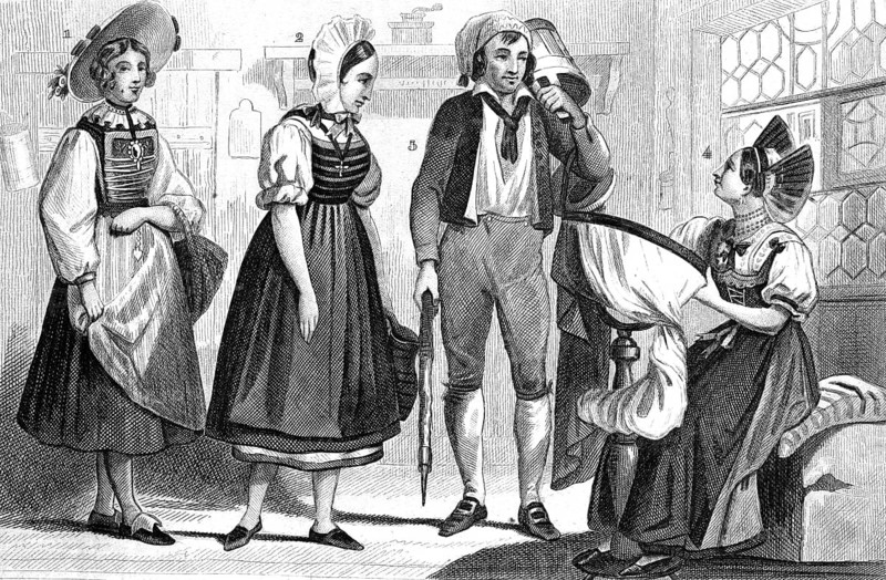 Traditional clothing styles and culture from the 19th century. Traditional costumes from the cantons of Zug (1), Solothurn (2) and Appenzell (3, 4), Switzerland, illustration, reproduction of a 19th-century original. Authentic, file restored for optimal use, exact date of the original unknown, historical
