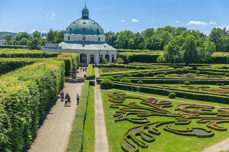 View of the flower garden and rotunda from the colonade, Kromeríž, Zlínský kraj, Czech Republic