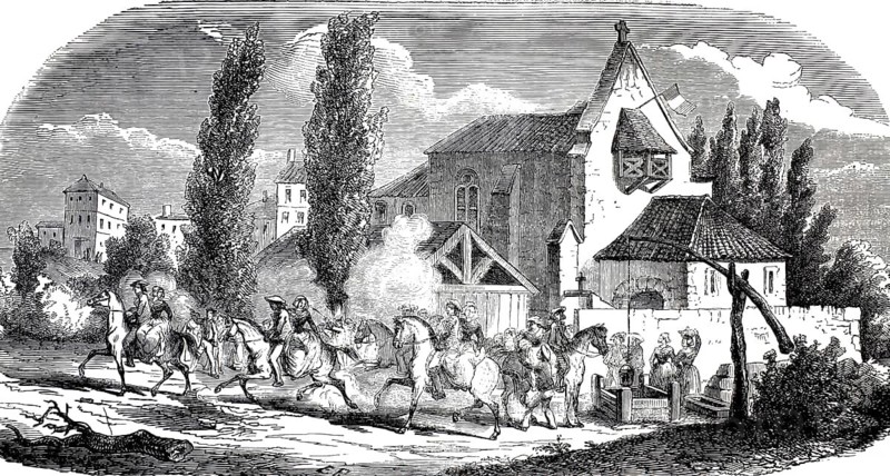 A rural, historic village scene in France in front of a church and a fortified well house, in the foreground a mounted procession or a group of horsemen and villagers passes by the complex, 1843, department of Les Landes in southwestern France, illustration, reproduction from a model from the 19th century. Authentic, file restored for optimal use, exact date of submission unknown, historical