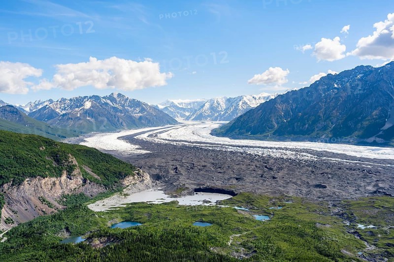 View of impressive mountain landscape with Matanuska glacier and glaciated mountain peaks, Lion's Head, Chugach Mountains, Alaska, USA