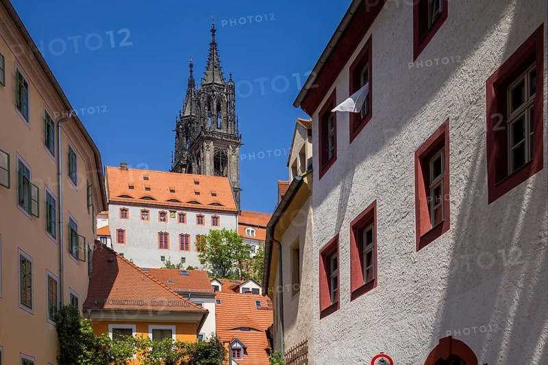 Lorenzgasse with view to the cathedral, Meissen, Saxony, Germany