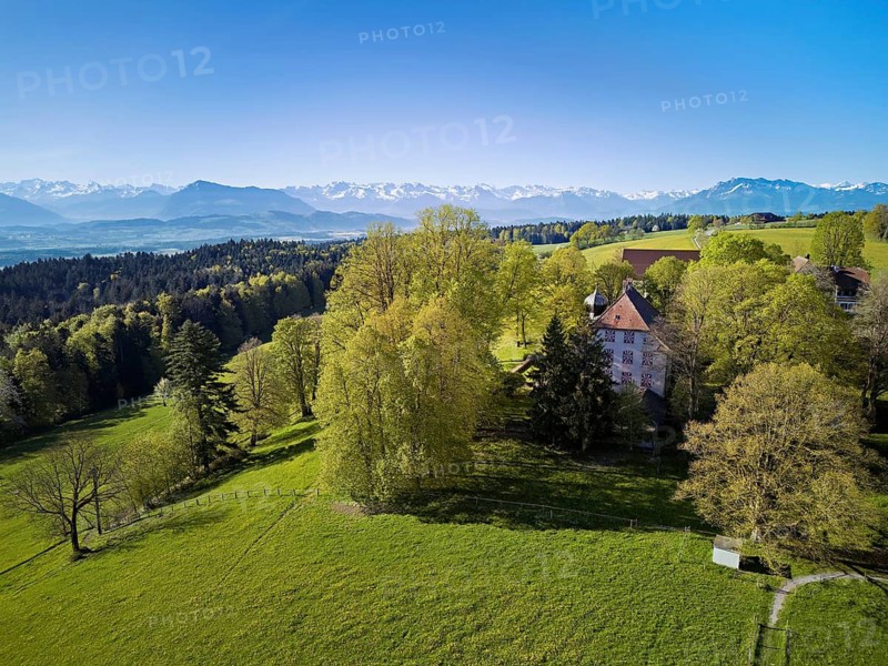 Horben Castle, with the snow-covered Alps with Pilatus and Rigi in the background, Beinwil, Freiamt, Aargau Canton, Switzerland